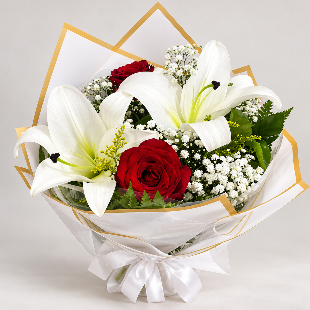 Buquê Amor Perfeito – Lírios Brancos e Rosas Vermelhas.