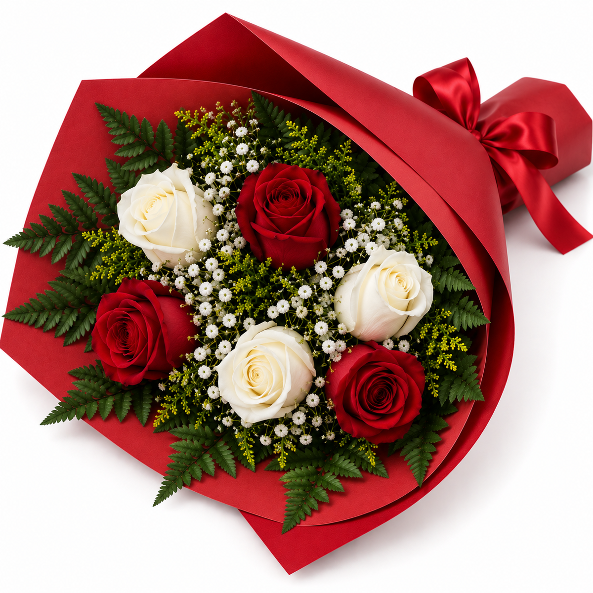 Buquê Tradicional  6 Rosas Vermelho e Branco