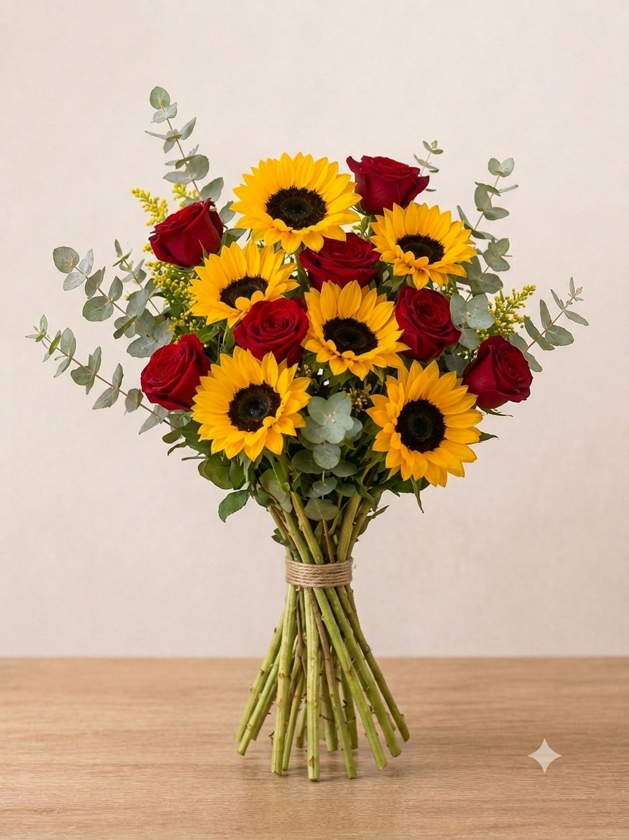 Buquê de Rosas e Girassóis
