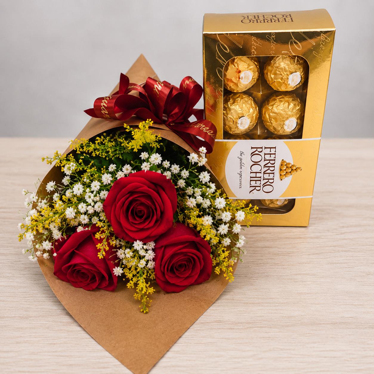 Cone de Rosas Vermelhas e Ferrero