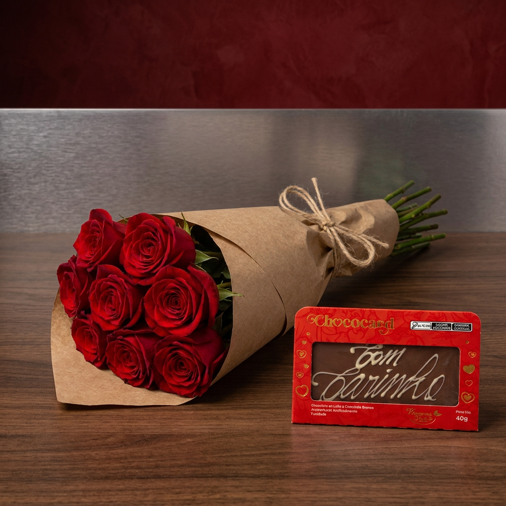 Buquê 8 Rosas Importadas com Chocolate